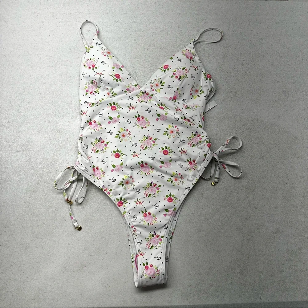 NWOT Betsey Johnson White Floral One Piece Swimsuit, Large